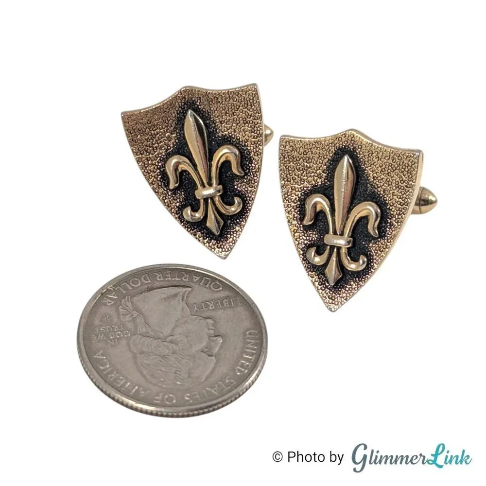 Vintage Heraldic Crest Shape Fleur de Lis Renaissance Themed Gold Tone Cufflinks